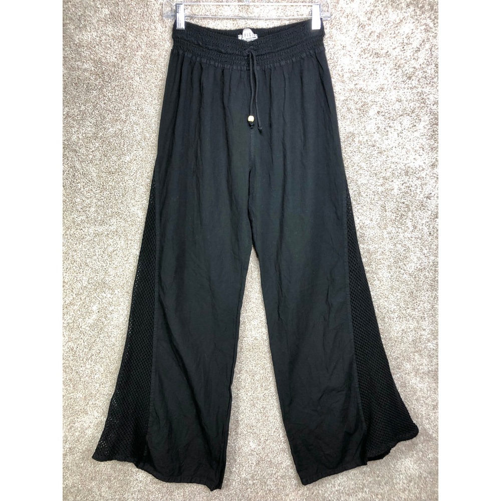 Sea Spice Mesh Panel Wide Leg Pants Women XL Black Cotton Resortwear Breathable